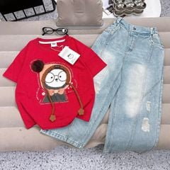 Bộ jean dài bé gái gấu trúc kiếng