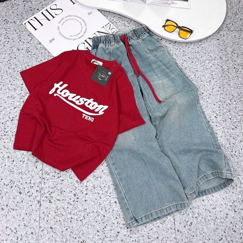 Bộ jean dài bé gái chữ Houston