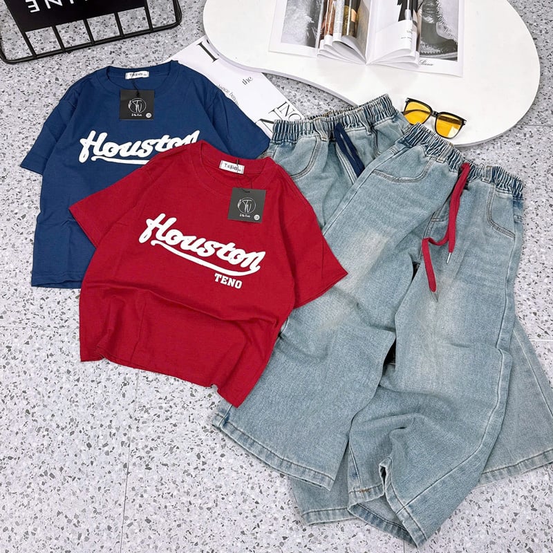 Bộ jean dài bé gái chữ Houston