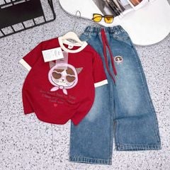 Bộ jean dài bé gái mèo đeo kiếng