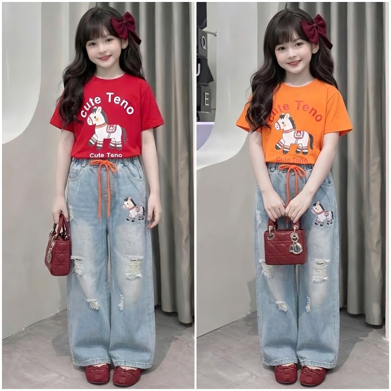Bộ jean dài bé gái ngựa Cute