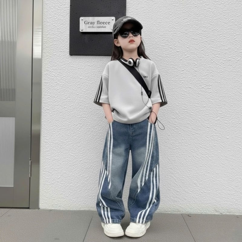 Bộ jean dài bé gái phối sọc