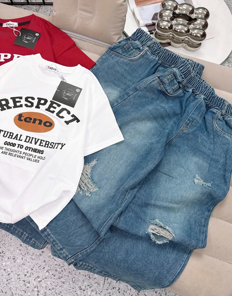 Bộ jean dài bé gái rách Respect