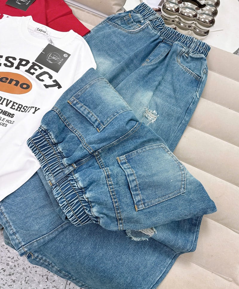 Bộ jean dài bé gái rách Respect