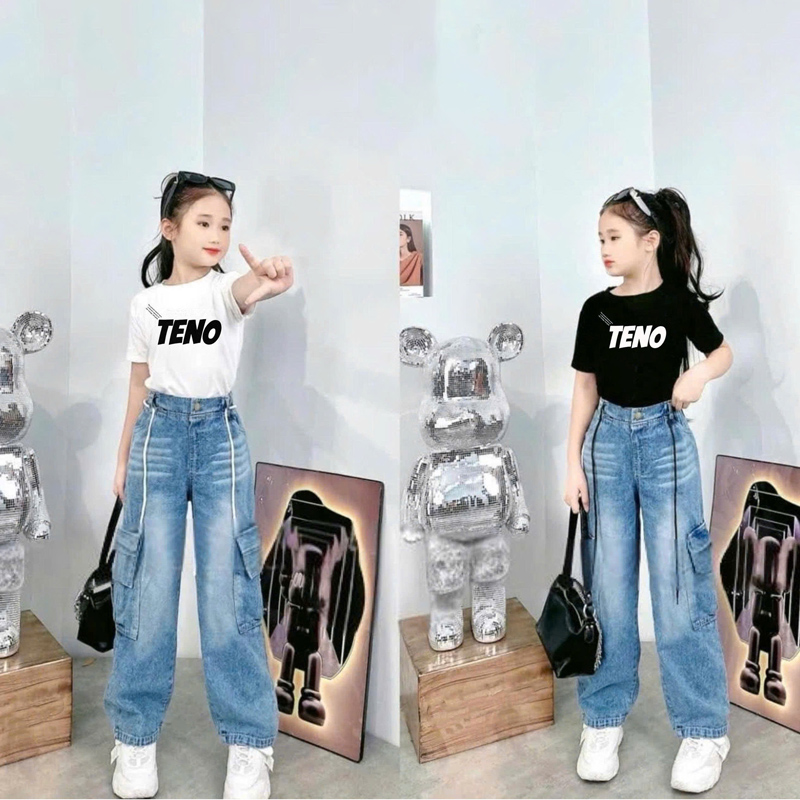 Bộ jean dài bé gái túi hộp Teno