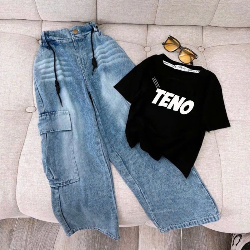 Bộ jean dài bé gái túi hộp Teno