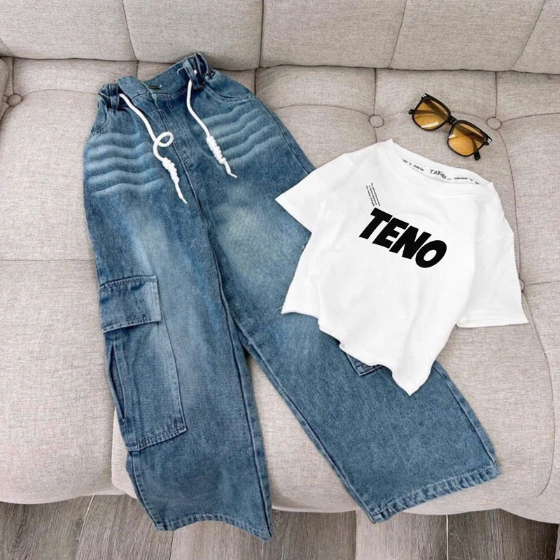Bộ jean dài bé gái túi hộp Teno