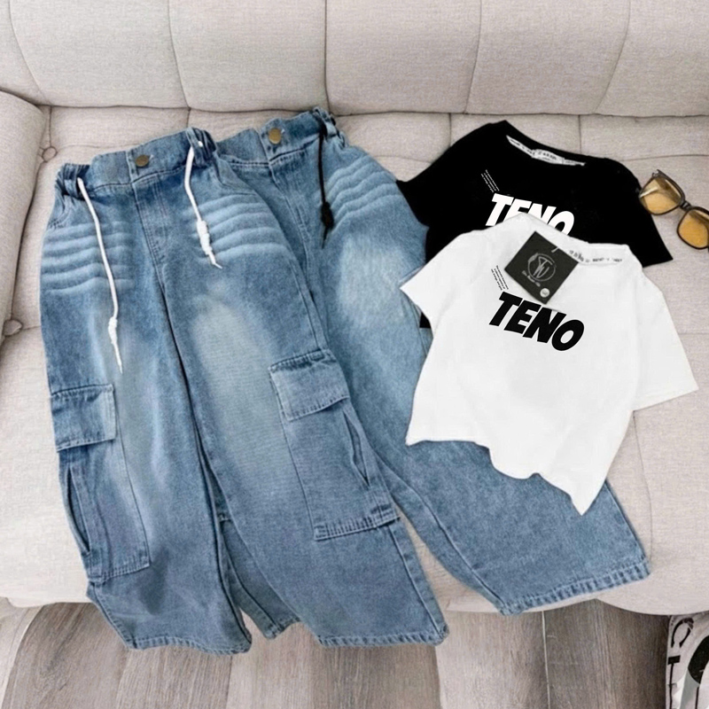 Bộ jean dài bé gái túi hộp Teno