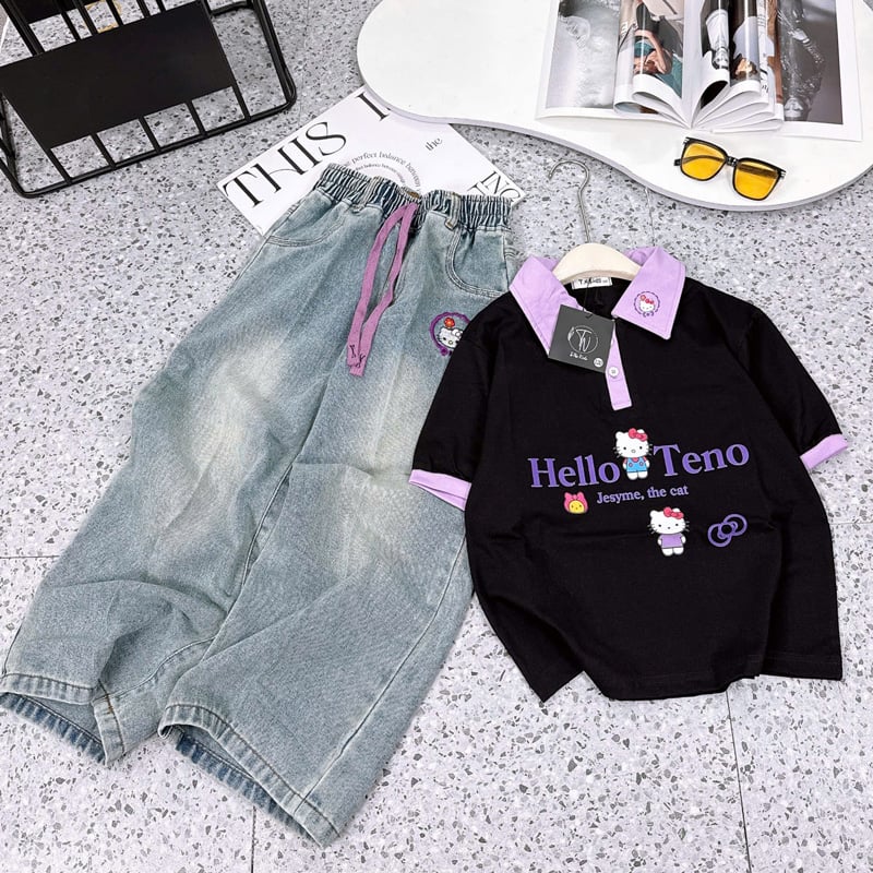 Bộ jean dài cổ trụ bé gái Hello Kitty
