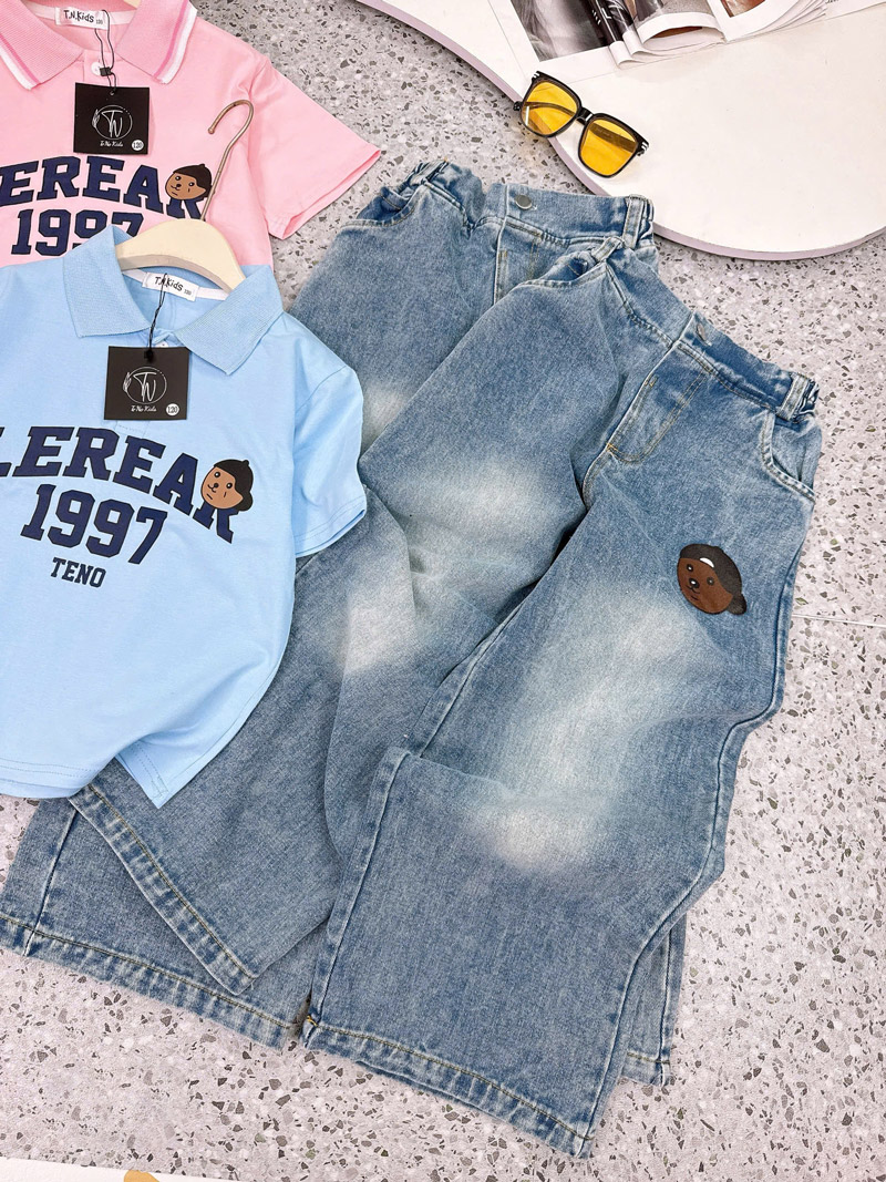 Bộ jean dài bé gái cổ trụ Lerear