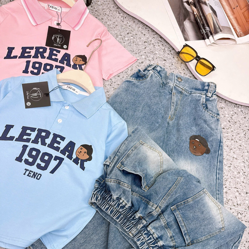 Bộ jean dài bé gái cổ trụ Lerear