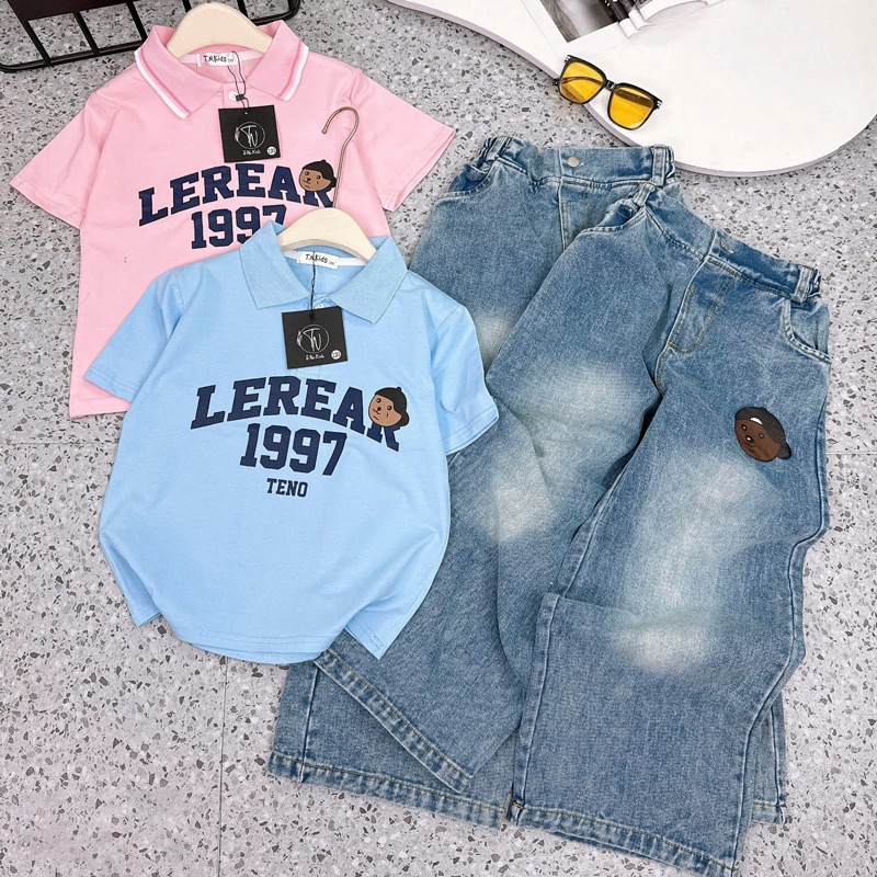 Bộ jean dài bé gái cổ trụ Lerear