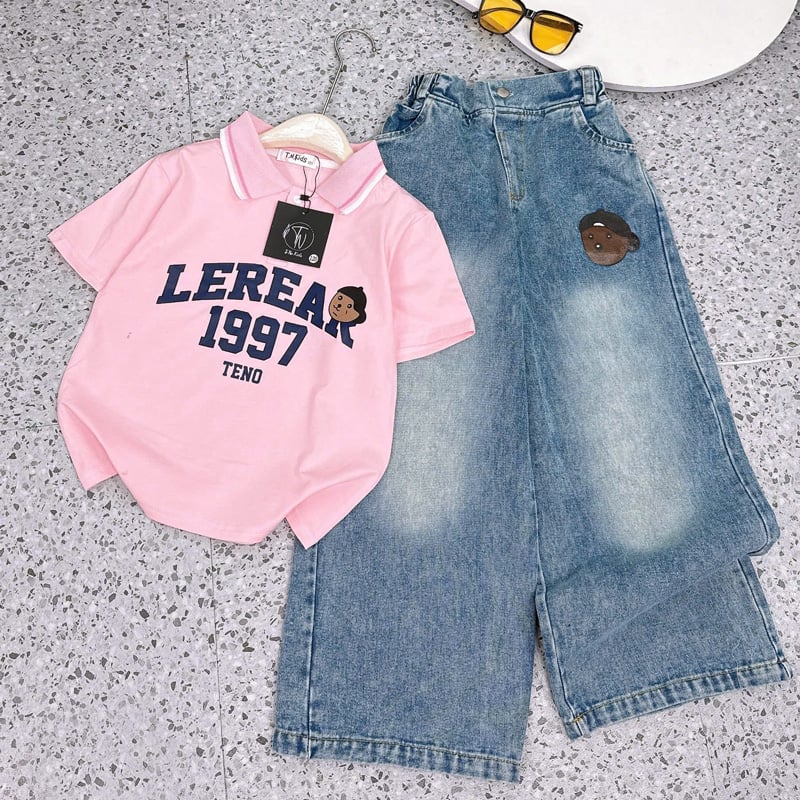 Bộ jean dài bé gái cổ trụ Lerear