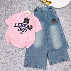 Bộ jean dài bé gái cổ trụ Lerear