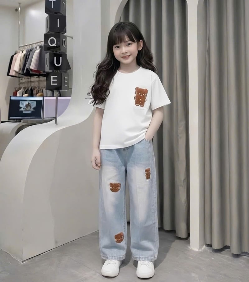 Bộ jean dài bé gái hình mèo