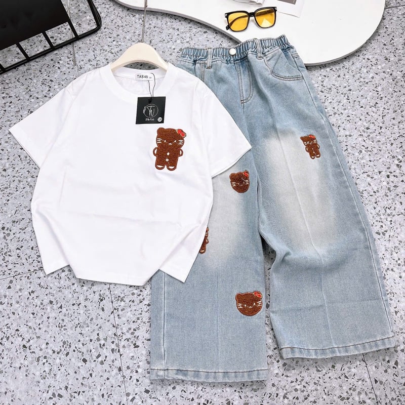 Bộ jean dài bé gái hình mèo
