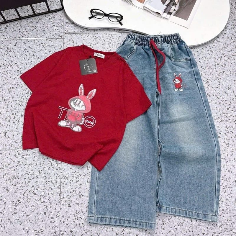 Bộ jean dài bé gái thỏ Teno