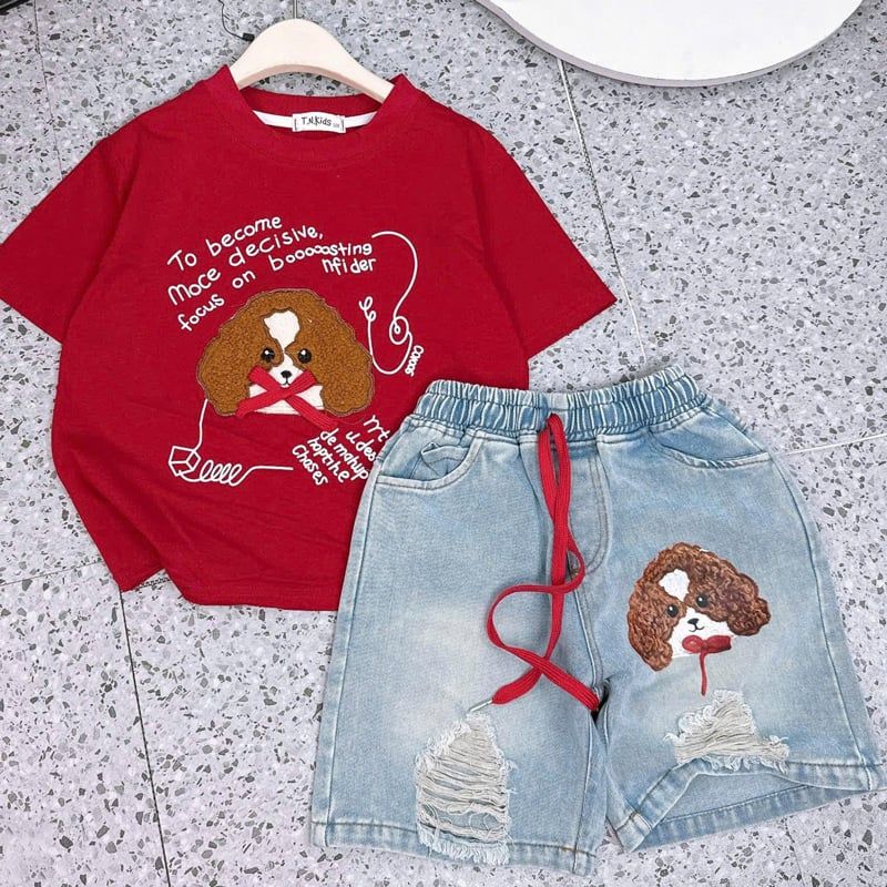 Bộ jean ngố bé gái chó xù