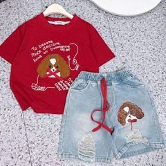 Bộ jean ngố bé gái chó xù