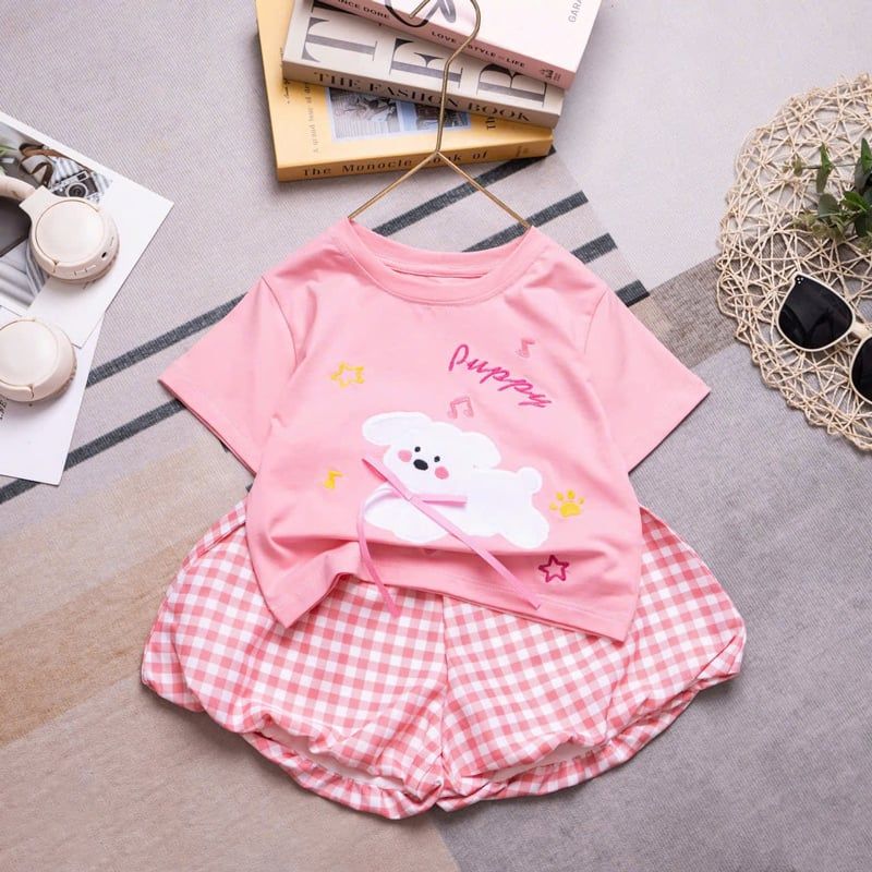 Bộ quần bí caro bé gái chó Puppy