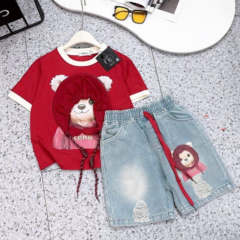 Bộ short jean bé gái chó đội nón