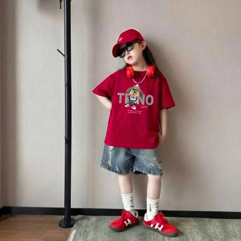 Bộ short jean bé gái hình chó pháp