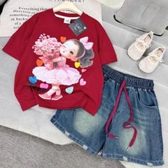 Bộ short jean bé gái cô gái ôm hoa