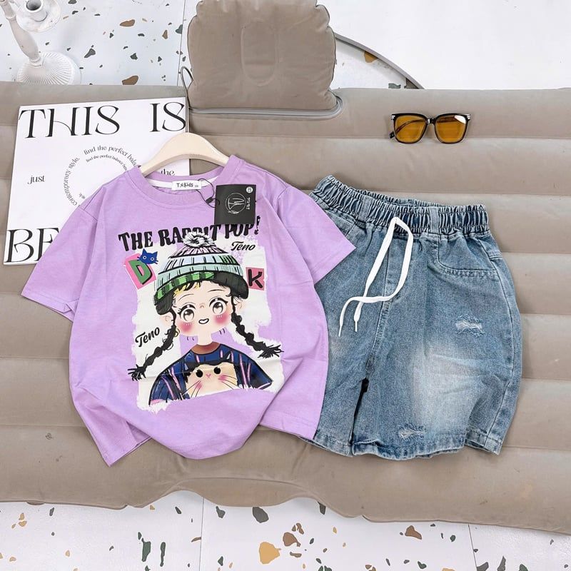 Bộ short jean bé gái cô gái Rabbit