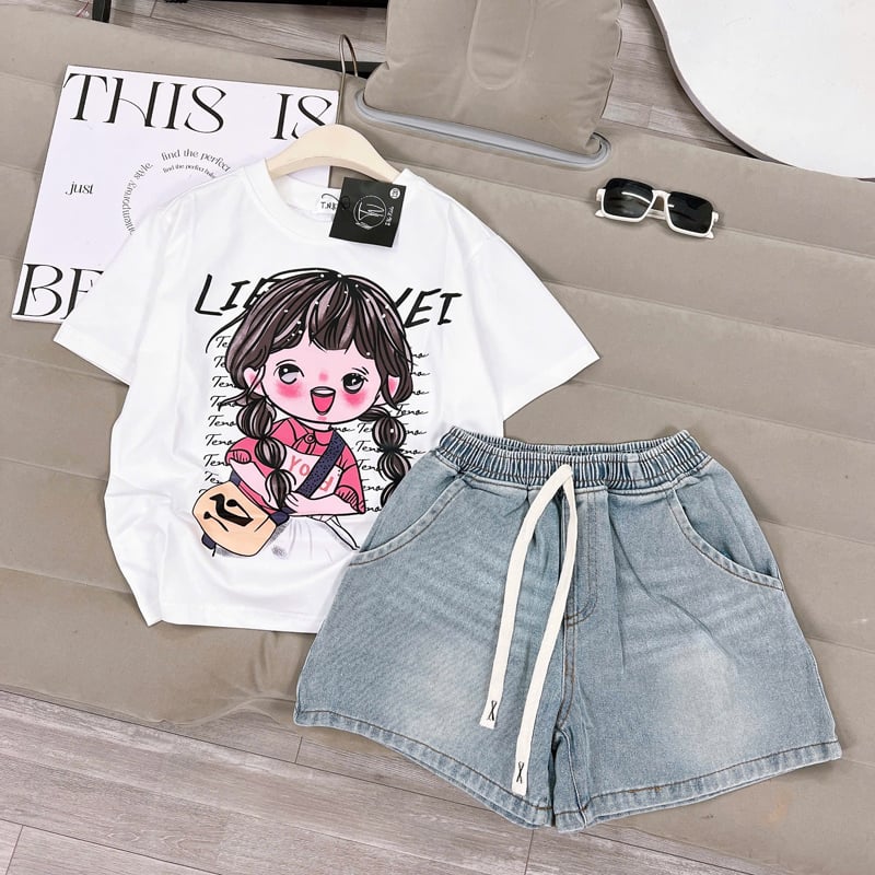 Bộ short jean bé gái cô gái thắt bím
