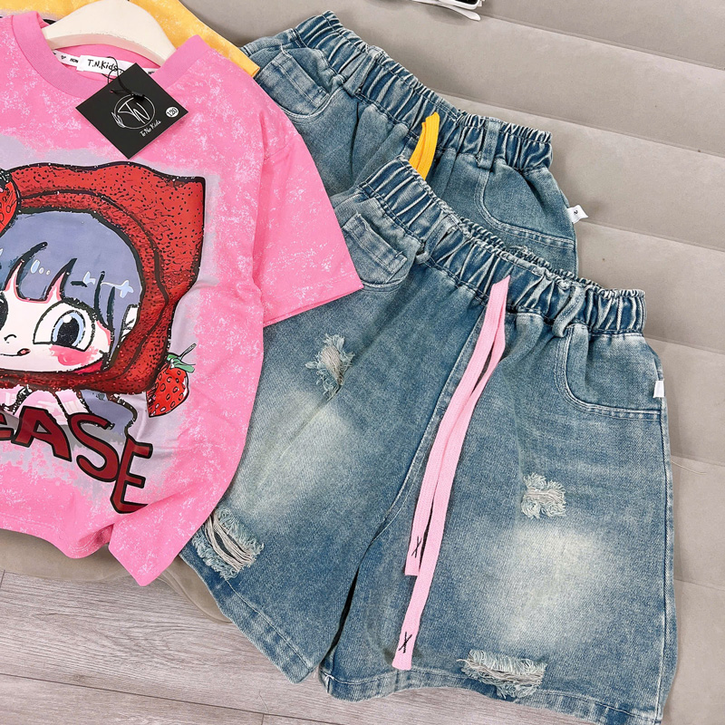 Bộ short jean bé gái dâu