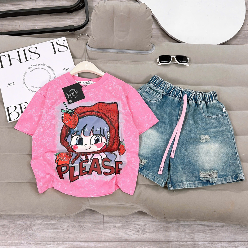 Bộ short jean bé gái dâu