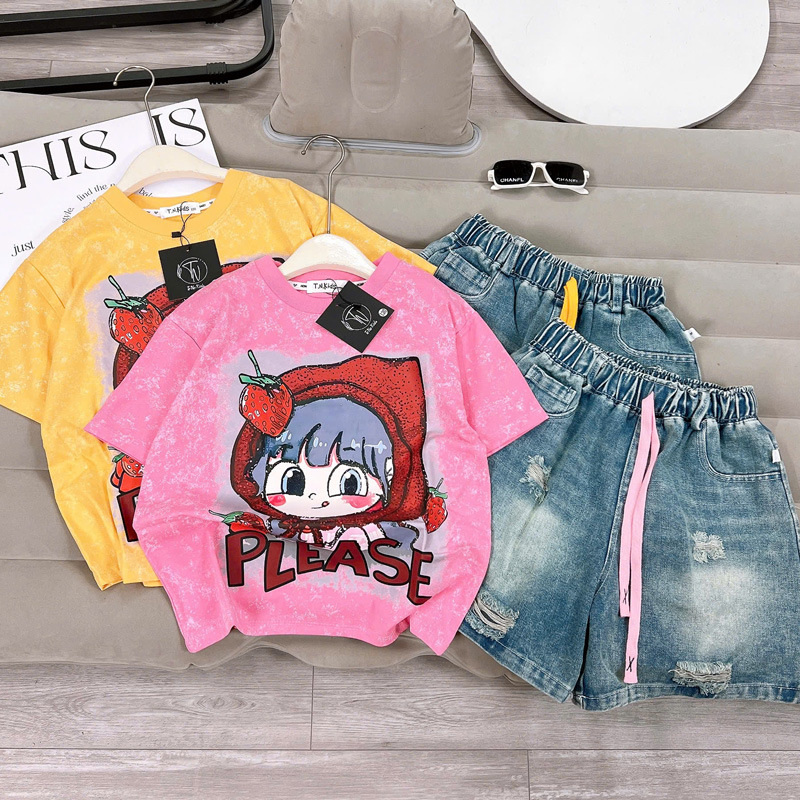 Bộ short jean bé gái dâu
