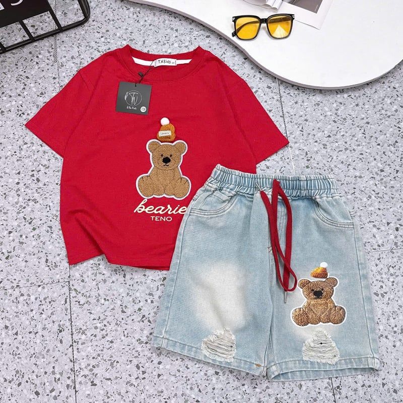 Bộ short jean bé gái gấu bông