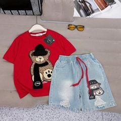 Bộ short jean bé gái gấu khăn quàng
