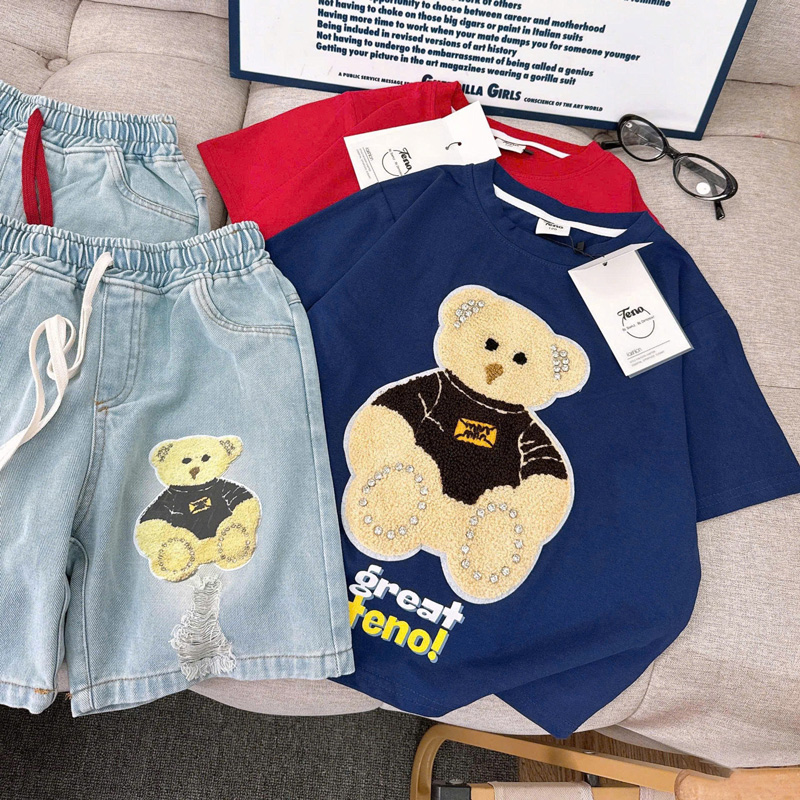 Bộ short jean bé gái gấu xù đá