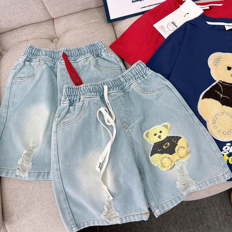 Bộ short jean bé gái gấu xù đá