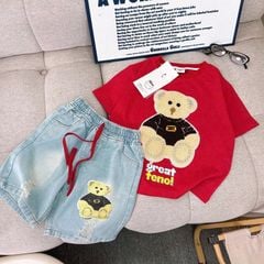 Bộ short jean bé gái gấu xù đá