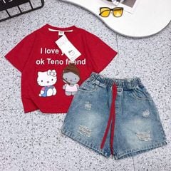 Bộ short jean bé gái Kitty Friend