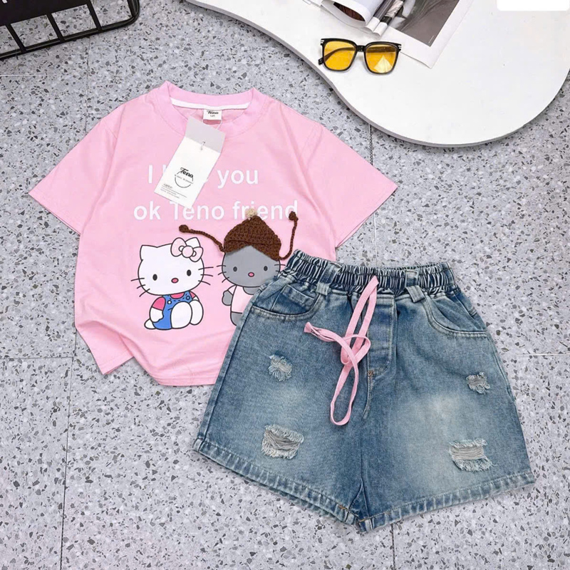 Bộ short jean bé gái Kitty Friend