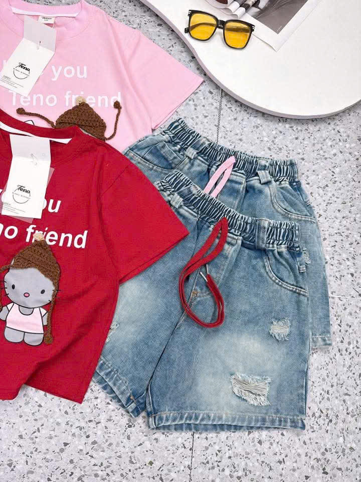 Bộ short jean bé gái Kitty Friend