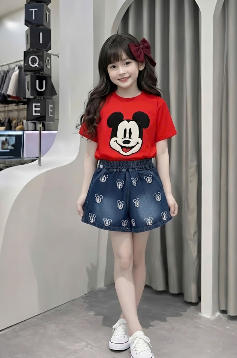 Bộ short jean bé gái Mickey lông xù