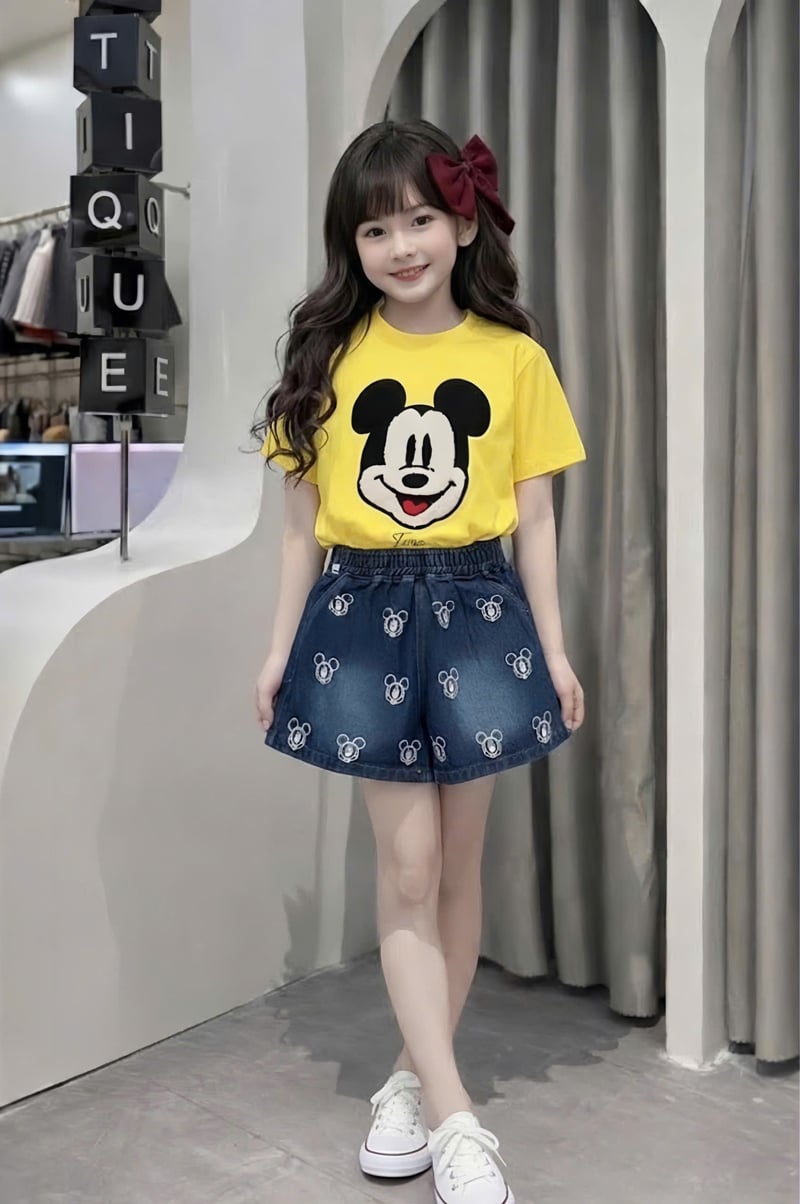 Bộ short jean bé gái Mickey lông xù