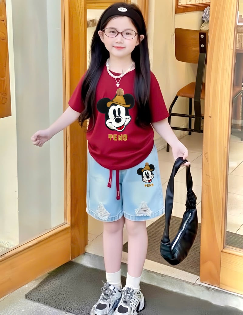 Bộ short jean bé gái Mickey mũ chóp