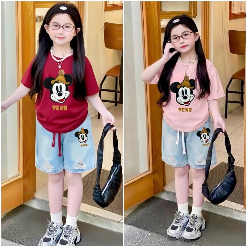 Bộ short jean bé gái Mickey mũ chóp
