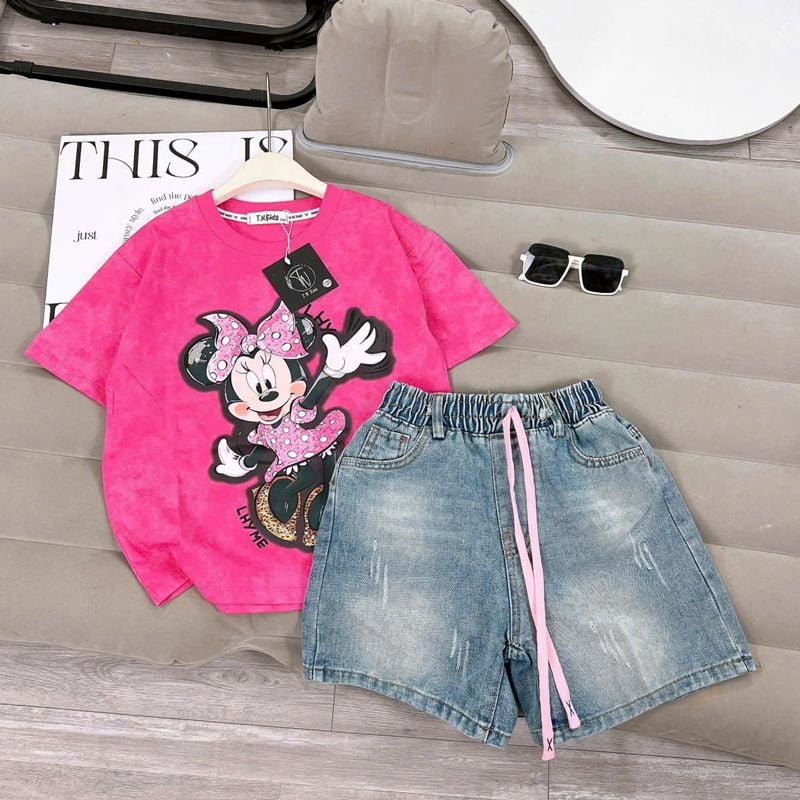 Bộ short jean bé gái Mickey nơ bi
