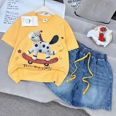 Bộ short jean bé gái ngựa Happy