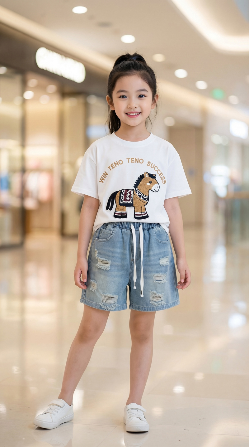 Bộ short jean bé gái ngựa xù Win