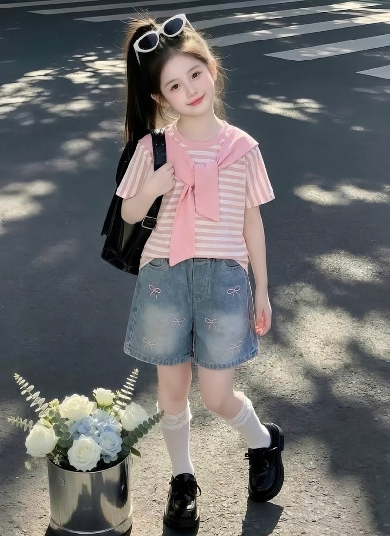 Bộ short jean bé gái nơ kèm khăn