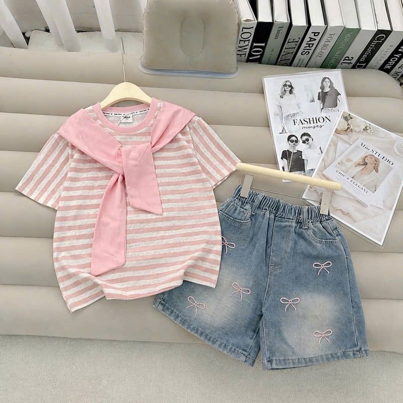 Bộ short jean bé gái nơ kèm khăn