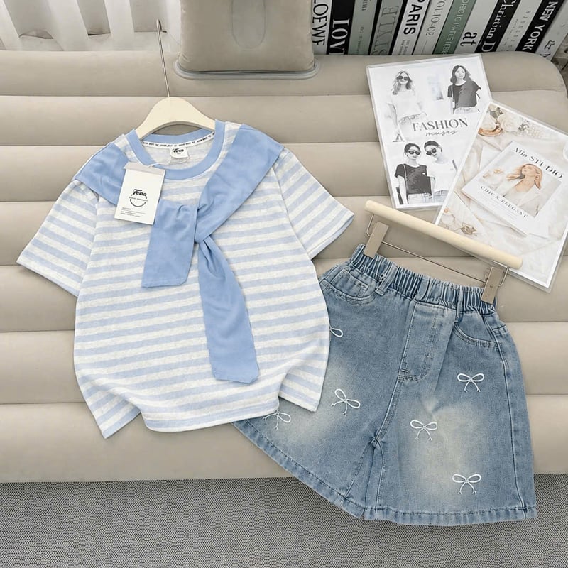 Bộ short jean bé gái nơ kèm khăn